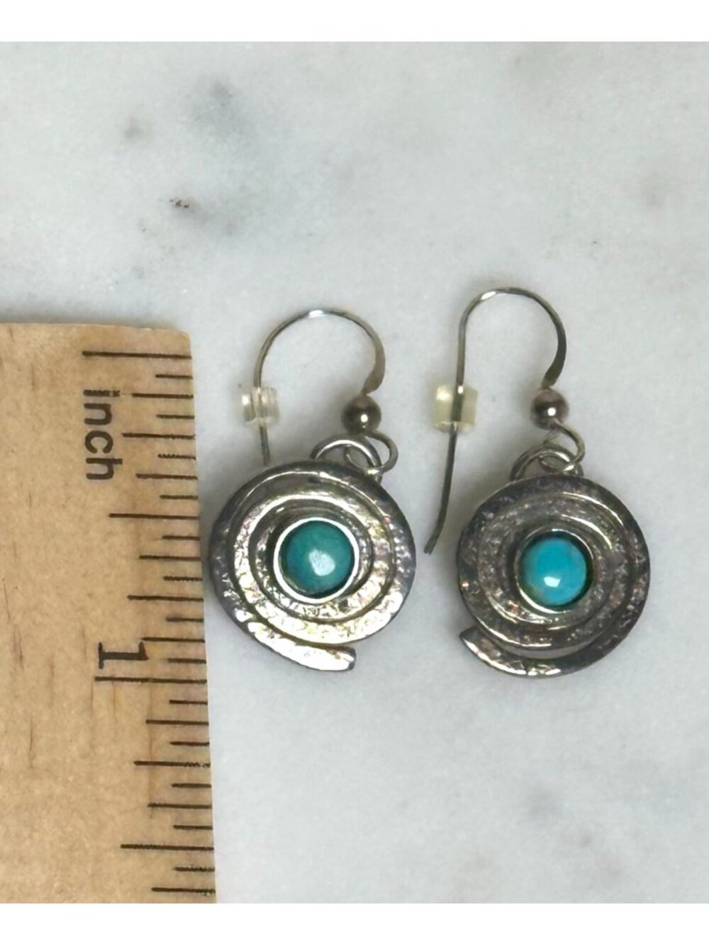 Vintage Turquoise Dangle Dainty Earrings Silver Spiral Disc Drop Earrings Boho - Picture 4 of 5